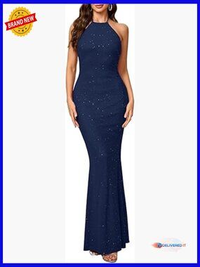 Sequin Mesh Halter Maxi Dress Backless Mermaid Formal Evening Party